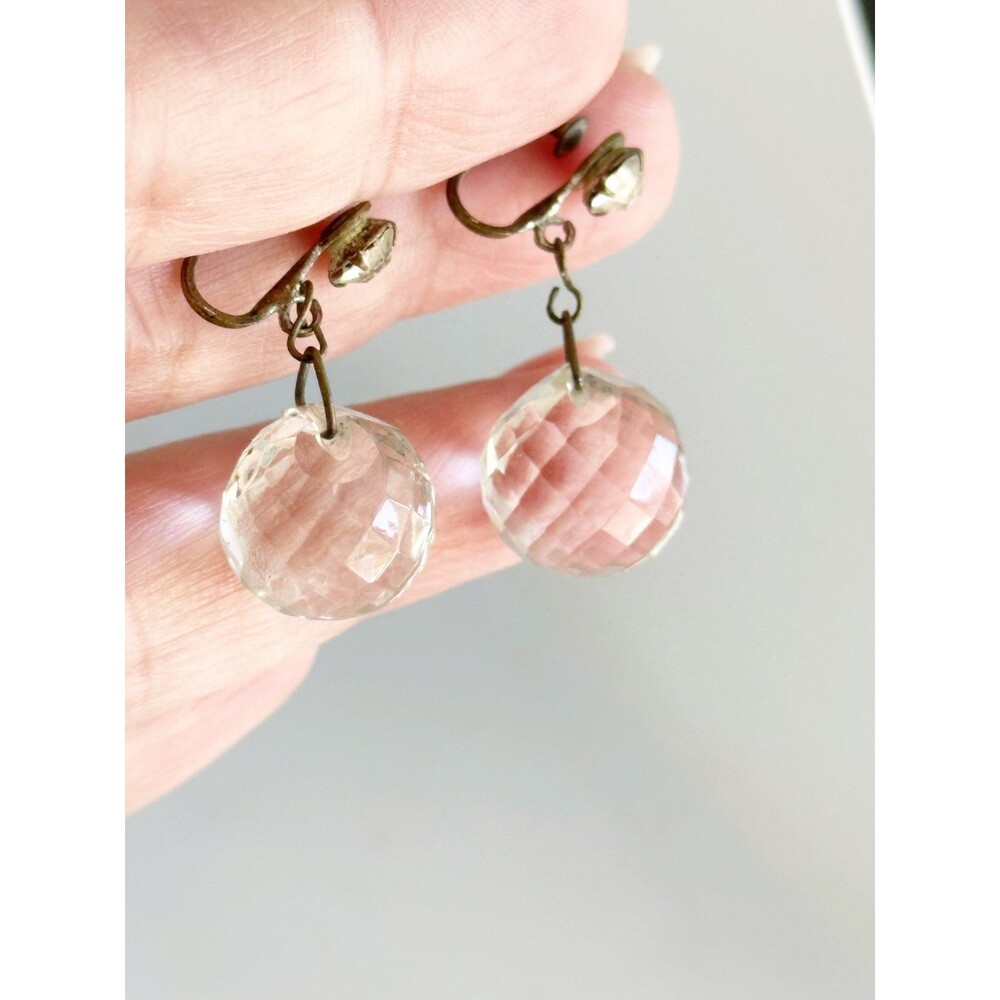 Vintage Art Deco Clear Faceted Crystal Orb Screw Back Dangle Earrings - Picture 1 of 4